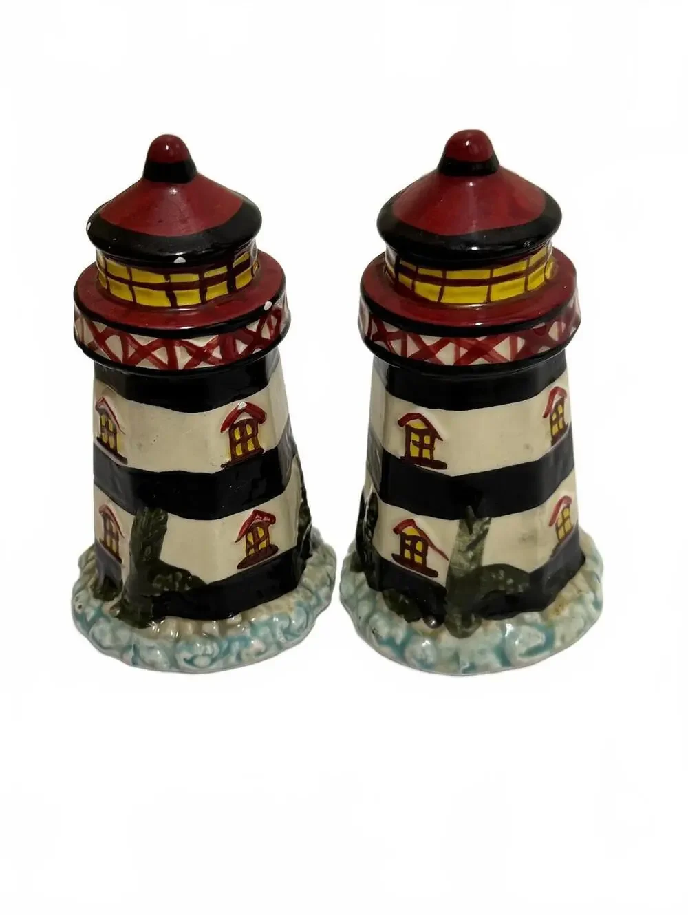 Vintage Nautical Striped Ceramic Lighthouse Salt and Pepper Shakers Set